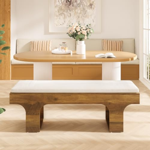 Tribesigns 55.2 Upholstered Dining Bench with Linen Cushion | Farmhouse Style, Wooden Legs, Multi-Purpose (Entryway, End of Bed, Kitchen, Living Room, Bedroom), Comfortable Seating