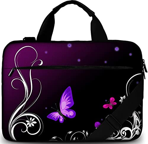 Sidorenko Sacoche Ordinateur 17 Pouces Femme, Housse PC Portable 17.3 Pouces avec Bandoulière et Poignée - Sac Ordinateur Rembourrée à Poche Avant Zippée - Motif Papillon Fleuri Rose et Noir
