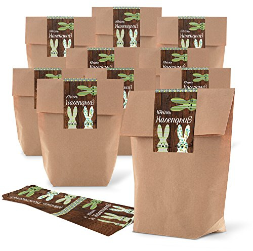 Logbuch-Verlag 10 große Ostertüten 19 x 29,5 x 7,5 cm mit Hasenaufkleber Osternest Kraftpapier Tüte Papierbeutel zum Befüllen mit Banderole