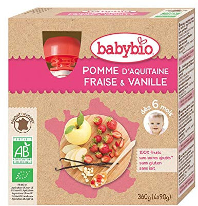 Babybio Compotes bébé à boire dès 6 mois pomme fraise vanille, 4 x 90g