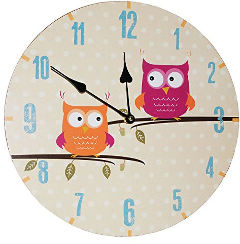 alles-meine.de GmbH Wanduhr aus Holz - lustige Eulen auf AST - 34 cm groß - sehr leise ! - Uhr - Analog - Kinderzimmer & Wohnzimmer - für Jungen Mädchen Kinder - Eule Blätter..