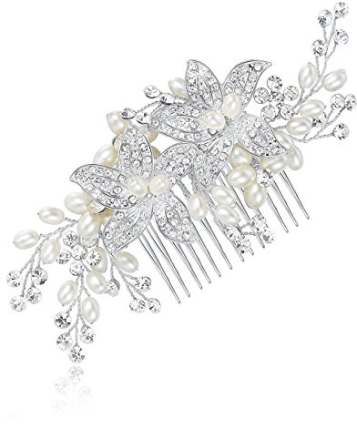 HONEY BEAR Damen Brautschmuck Blume Haarkämme für Hochzeit, Kristall Strass mit Simulierte Perlen Haarschmuck, MEHRWEG