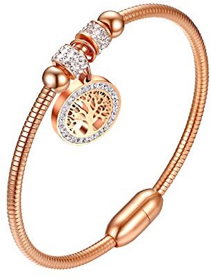Flongo Damen Armband Frauen Armreif Armkette, Edelstahl Armband Damenarmband Manschette Silber Rose Gold Golden mit Strass Baum des Lebens Tree of Life Lebensbaum Anhänger