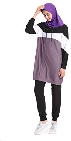 Mr Lin123 Trainingsanzug für Frauen, muslimische Sportbekleidung, muslimische Teenager, Mädchen, gestreift, lange Ärmel, Sweatshirt, Hose, islamische Loungewear, 2 Stück, violett, 38