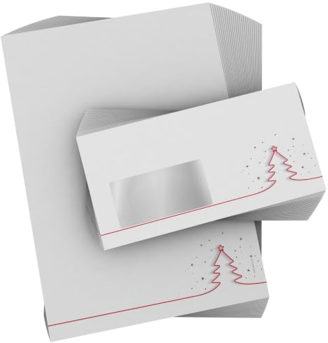 Weihnachtsbriefpapier mit Fenster-Umschlag 100-tlg. | Rotes Tannenbäumchen | 50 Blatt Motivpapier A4 | 50 Briefumschläge DIN LANG | weihnachtliches Briefpapier-Set