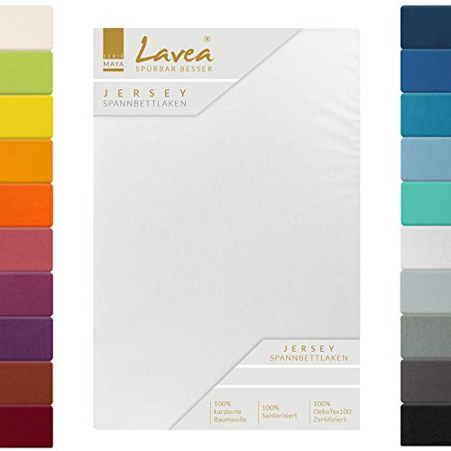 Lavea® Jersey Topper Spannbettlaken, Spannbetttuch, Serie Maya, 100% Baumwolle, hochwertige Verarbeitung, mit Gummizug und OekoTex100 200x220cm, Weiss