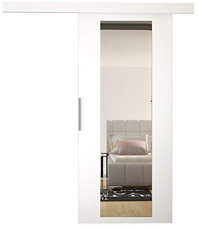 Mirjan24 Schiebetürsystem Flash IV 90 mit Spiegel (Weiß) | Komplettes Schiebetür-Set mit Aluminiumgriff und Selbstschließsystem, wahlweise links oder rechts montierbar