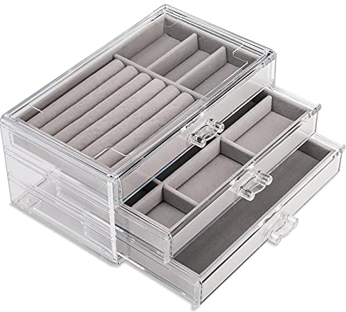 DEAYOU 3-Tier Acrylic Jewellery Box with Velvet Lining, Clear Velvet Jewellery Box, Clear Storage Organiser for Earrings, Rings, Necklaces (9.4 x 5.3 x 4.3 Inch) - Gift for Women Girls