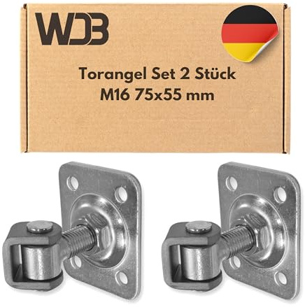 WDB - Torangel Einstellbar Anschraubplatte - Scharniere Gartentor - Scharniere Schwerlast - Toranlage - Torscharniere Hängescharniere - 2x Einstellbares Torscharnier verzinkt M16 75x55 mm