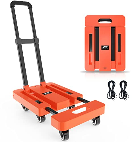 SOLEJAZZ klappbarer Handtransportwagen, tragbarer Transportwagen für Umzug, 227 kg Gepäcktransportwagen mit 6 Rädern und 2 Spanngurte für Gepäck, Reisen, Umzug, Einkaufen, Bürogebrauch, Orange