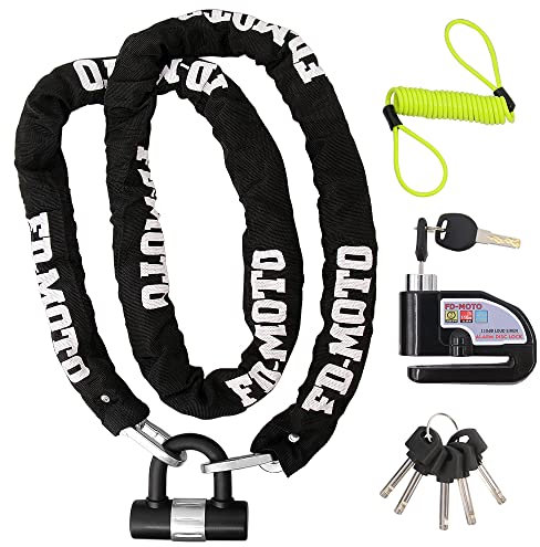 FD-MOTO 2M*10mm 4.3KG Steel Motorcycle Chain Lock Padlock + 110dB Black Alarmed Motorbike Brake Disc Lock + 1.5M Cable