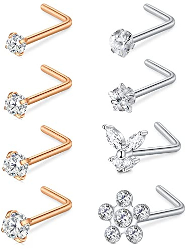 AceFun 18G Naso Studs Curvo a forma di L 1MM Acciaio inossidabile Naso Bar Nostril Piercing Diamante Cubic Zirconia Piercing Gioielli per il corpo Argento Oro rosa Cuore Stella Fiore Farfalla 7MM