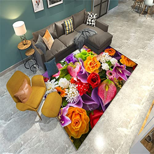 Großer Teppich Anti Rutsch Teppich moderner Stil Mehrfarbiger, Weicher Teppich Mit Blumenmuster, Schlafzimmerzubehör, rutschfest Teppich Flach 90 x 160 cm