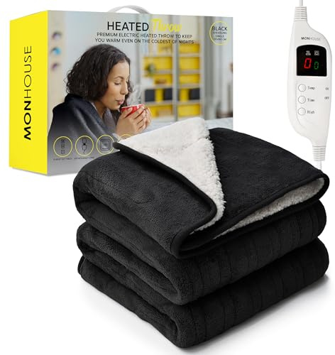 MONHOUSE Copriletto Riscaldato Coperta Elettrica Comandi Digitali Timer Fino A 9 Ore, 9 Impostazioni Di Riscaldamento – Lavabile In Lavatrice - Singola 130X160Cm - Shearling Nero