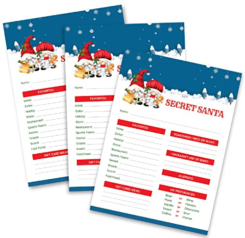 Pink Pixie Studio 15 Secret Santa Questionnaire Forms for Office Holiday Gift Exchange, Work, Family or Friends Christmas Idea List 5 x 7 Fill in The Blank Gnome Cards