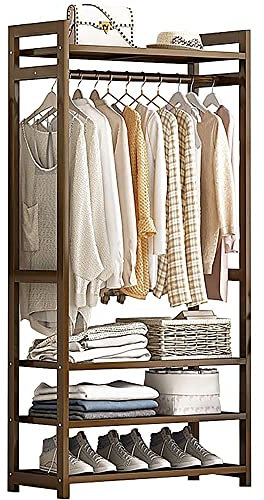 Bamboo Clothes Rack Portable Closet with Compartments, Coat Stand Hanging Rail with Storage Shelves Freestanding Hanger for Bedroom and Entryway