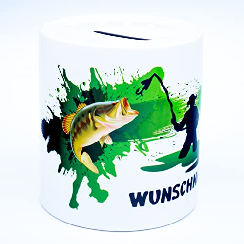 Angler Spardose mit Name und Fisch Geldgeschenk Sparschwein Angeln Sparbüchse Fischer Sparkasse Zubehör Angelzubehör Geschenke für Männer Frauen Fischen Anglerzubehör Fishing Geburtstag Verpackung