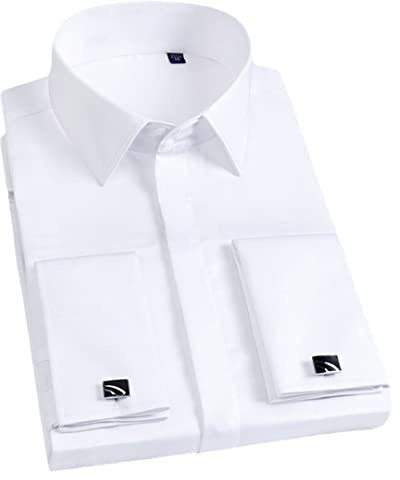 Dninmim Camicia da uomo con bottoni sottili in cotone per feste di nozze e smoking con gemelli, bianco, 4XL