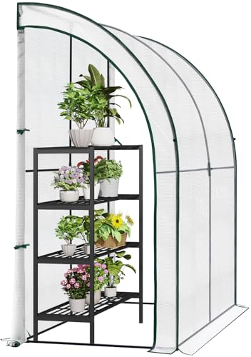 WOLTU Lean to Greenhouse, Walk-in Greenhouse with 2 Zipped Roll-up Doors, 4 Ground Pegs, 4 Wind Ropes, 140g/m2 PE Cover, Steel Frame, White, 200x100x210cm