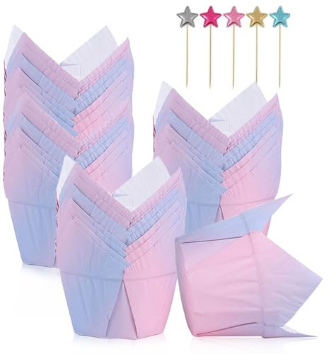 Cupcake Backbecher, 100 Stück Muffinförmchen Papier mit 50 Stück Pentagramm Cupcake Toppers, Tulpen Muffinförmchen Papier für Backen Cupcakes Muffins Geburtstag Hochzeit Party(Rosa-Blau)