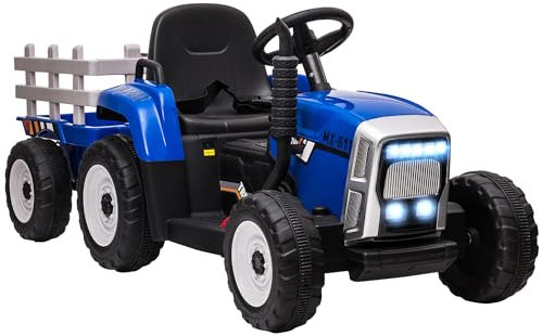 HOMCOM Kids Electric Car, 12V Electric Ride on Tractor and Trailer with Detachable Trailer Remote Control, USB, Horn, Lights, Start-Up Sound, for Ages 3-6 Years, Blue