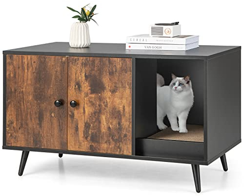 COSTWAY Cat Litter Box Enclosure, Hidden Kitty Washroom Toilet with Double Door Cabinet and Scratching Pad, Indoor Cats House Side Table Nightstand (90x50x54cm)