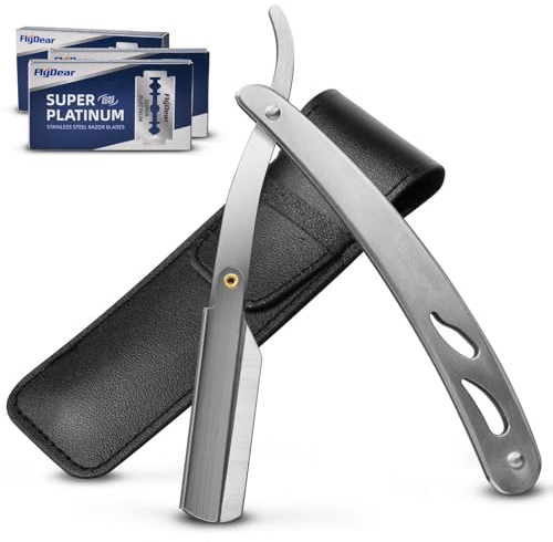 URAQNavaja de Afeitar Hombre Rectas con 60 Media Cuchillas, Navaja Barbero Barba Cut Manual Kit Acero Inoxidable Precision Afeitado, Plata