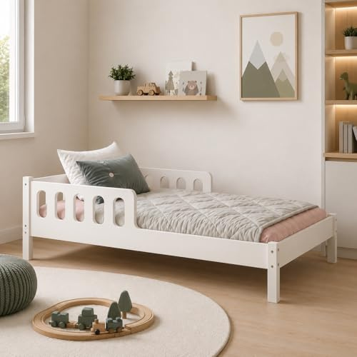 CADANI Finn Kinderbett 80x160 cm-Jugendbett weiß mit Rausfallschutz, bis 200 kg belastbar, extra starker Roll-Lattenrost