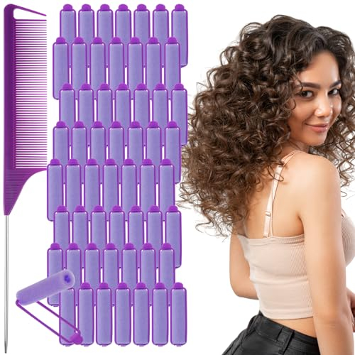 56 Stück Schwamm-Lockenwickler-Set Klein Schaum Haarroller,15mm Weiche Schaumstoff Lockenwickler für langes, mittleres und kurzes Haar, keine Hitze,Lockenwickler für Damen mit Pintail Comb(Lila)