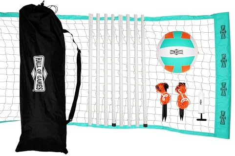 Hall of Games Volleyballnetz und Tragetasche, Set mit verstellbaren Stahlstangen und Volleyball in offizieller Größe, 6 m, perfekt für Hinterhöfe