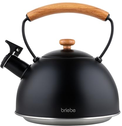 briebe Nordic Tetera Inducción Silbante 2,3L, Infusiones, Hervidor de Agua Acero Inoxidable, Todo Tipo de Cocinas, Vitrocerámica, Gas, Mango Madera Tacto Frío, Tea Pot, Negro