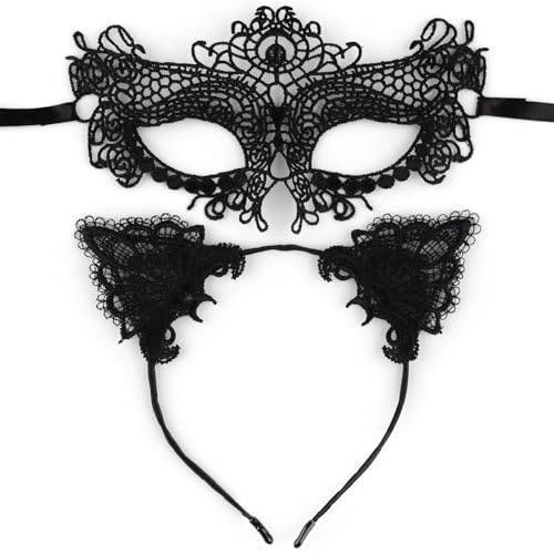 DASHUAIGE Katzenohren Haarreif Venezianische Maske Schwarz Katzenkostüm Catwoman Damen Halloween Karneval Accessoires