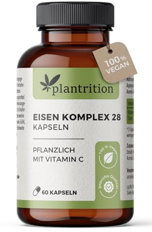 plantrition Eisen Komplex 28MG – Eisen mit Vitamin C aus Acerola und Hagebutten (50MG), vegane Alternative zu Eisentabletten, 60 Kapseln