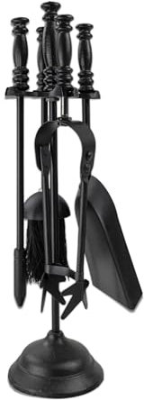 ADEPTNA 5-Piece 16 Fireside Companion Set – Cast Iron Fireplace Tool Set Stand with Poker, Brush, Tongs and Shovel - Fire Poker & Log Burner Accessories – Ideal for Wood Burners & Fireplaces