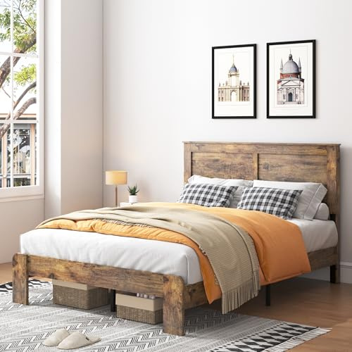 GJQN Full Size Bed Frame with Headboard, Rustic Wood Platform Bed Frame with 12 Wooden Slats Support, No Box Spring Needed, Noise Free (Dark Brown, Full)