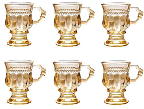 binsakao Lot de 6 verres à thé turc avec poignée – Verres à thé marocains – Tasses à expresso de 150 ml – Tasses à café en verre sur pied pour boissons chaudes et froides (ambre)
