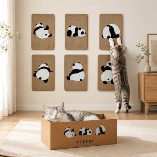 AUSCAT Kratzbrett Wand mit Box, 7 STK. Kratzpappe für Katzen mit Karton, Wandkratzbrett Katzen für Wand- und Möbelschutz, 37 x 24 cm, Panda Design