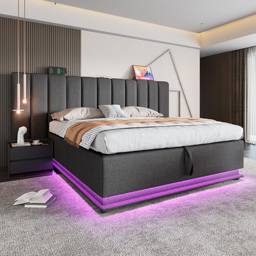 Moimhear Polsterbett,Doppelbett Stauraumbett mit App Control LED und USB-C Ladefunktion,Leinen,Ohne Matratze und Nachttisch (Grau, 160x200 cm)
