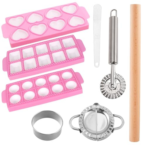 Set di 8 ravioli con 3 stampi per ravioli, mattarello in legno, pressa per ravioli, cucchiaio da riempimento, tagliapasta, involucro per ravioli, set completo per ravioli fatti in casa, ideale per