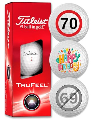 Titleist Trufeel Set med 3 golfbollar med motiv Happy Birthday Födelsedagspresent för golfspelare (70-årig födelsedag)