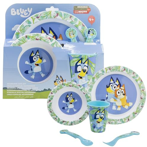 Bluey - Set di posate per la prima pappa per bambini, piatto, ciotola impilabile, tazza in plastica da 260 ml con posate, set di posate per bambini dai 4 anni in su