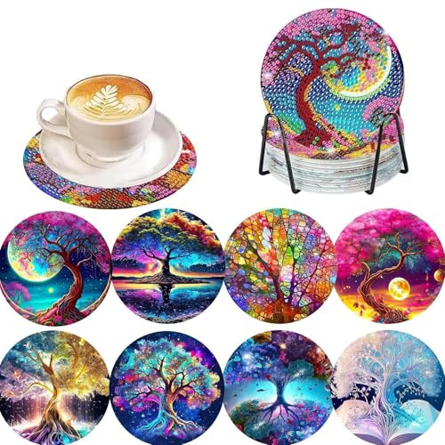 8 Piezas Posavasos Pintura Diamante con Soporte, DIY Mandala Diamante Pintura Posavasos, Flor de la Vida Diamond Painting Adecuado para Tazas, Copas de Vino, Estudio, armarios