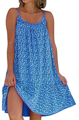 Nlaayong Robe de Plage Femme Robe Fleurie Bohème Bretelles Spaghetti sans Manche Casual Ete Femme Mi-Longue Robe Col Rond Chic(Multicolore,S-5XL)