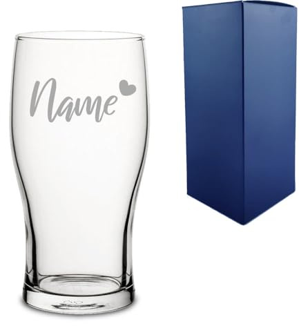 Personalised Engraved Pint Glass with Name and Heart Design with Gift Box | Custom Beer Glasses, Birthday Gifts for Him, Men Gift, Gift for Husband