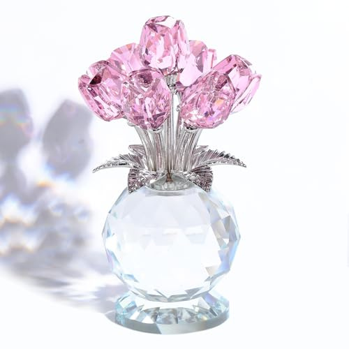 Movdyka Pink Tulips Bouquet Gifts for Women Men Crystal Flowers Figurine | Glass Floral with Stem for Girls Friends Couple, Romantic Tulips Gift for Mother's Day Anniversary Birthday, Home Ornaments