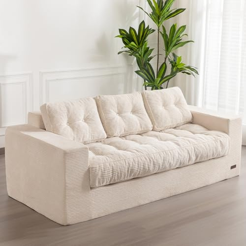 MAXYOYO Sofa 3 Sitzer Cord, Gepolsterter Bodensessel mit Armlehnen, ohne Knochen mit Gesteppt Kissen und Rückenlehne, Großer Sitzsack für Schlafzimmer und Wohnzimmer