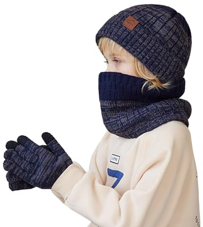Juego de gorro y bufanda para niños de hasta 10 años, gorro de cuello y guantes de cuello de tres piezas cálido de invierno, protección para las orejas de invierno, gorro de lana de punto cálido para