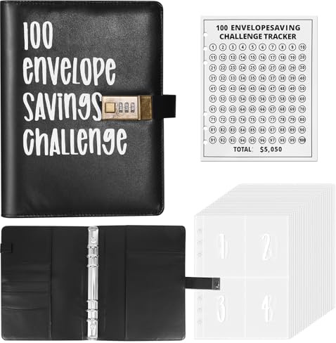 A5 Ringbuch mit Passwortschloss – Nachfüllbarer Budgetplaner mit 25 Kartenfächern & 100-Tage-Sticker – Schwarze PU-Leder Ringmappe für Sparziele, Reisen & Organisation