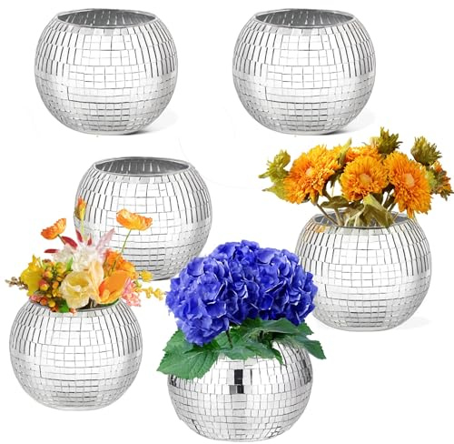 Wacloud 6Pcs Disco Ball Vase Set – Mirror Vases for Table Centerpieces, Real Glass Mosaic Flower Planter for Wedding, Birthday, Home Décor & Party Decoration – Sparkling Retro Disco Ball Home Accent