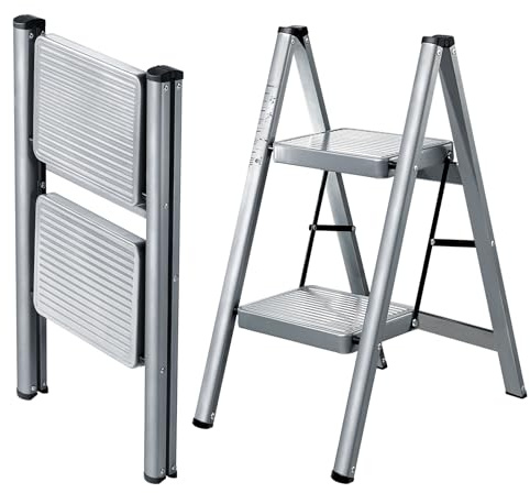 XinSunho 2 Step Ladder, Folding Step Stool with Anti-Slip Wide Pedal, Portable Sturdy Steel Ladder 2 Steps, 330lbs Safety Kitchen & Household Ladder